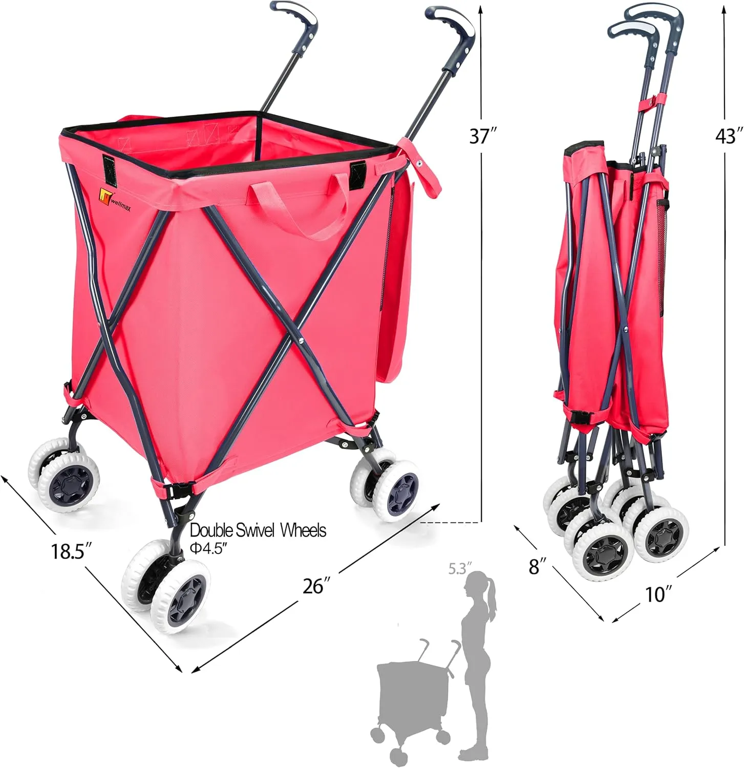 Wellmax WM99100 Series Folding Shopping Cart with Wheels, Grocery Cart with Removable Canvas with Cover, Lightweight Utility Cart for Groceries and Laundry - Holds up to 120 lbs (Pink)