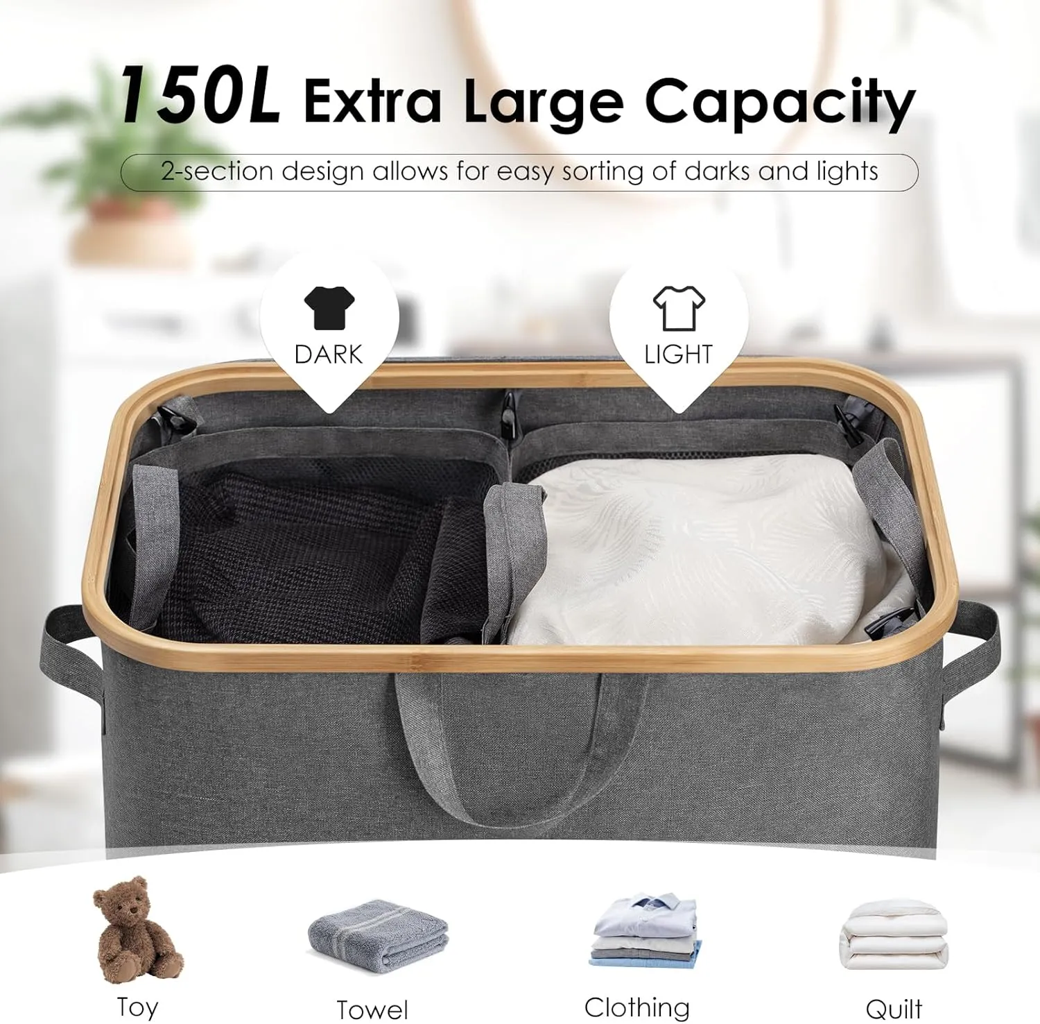 WELTRXE Double Laundry Hamper 2 Section with Lid and Removable Laundry Bags, Large Collapsible Hamper for Bedroom, 150L Clothes Basket with Bamboo Handles for Bedroom Dorm Laundry Room, Gray