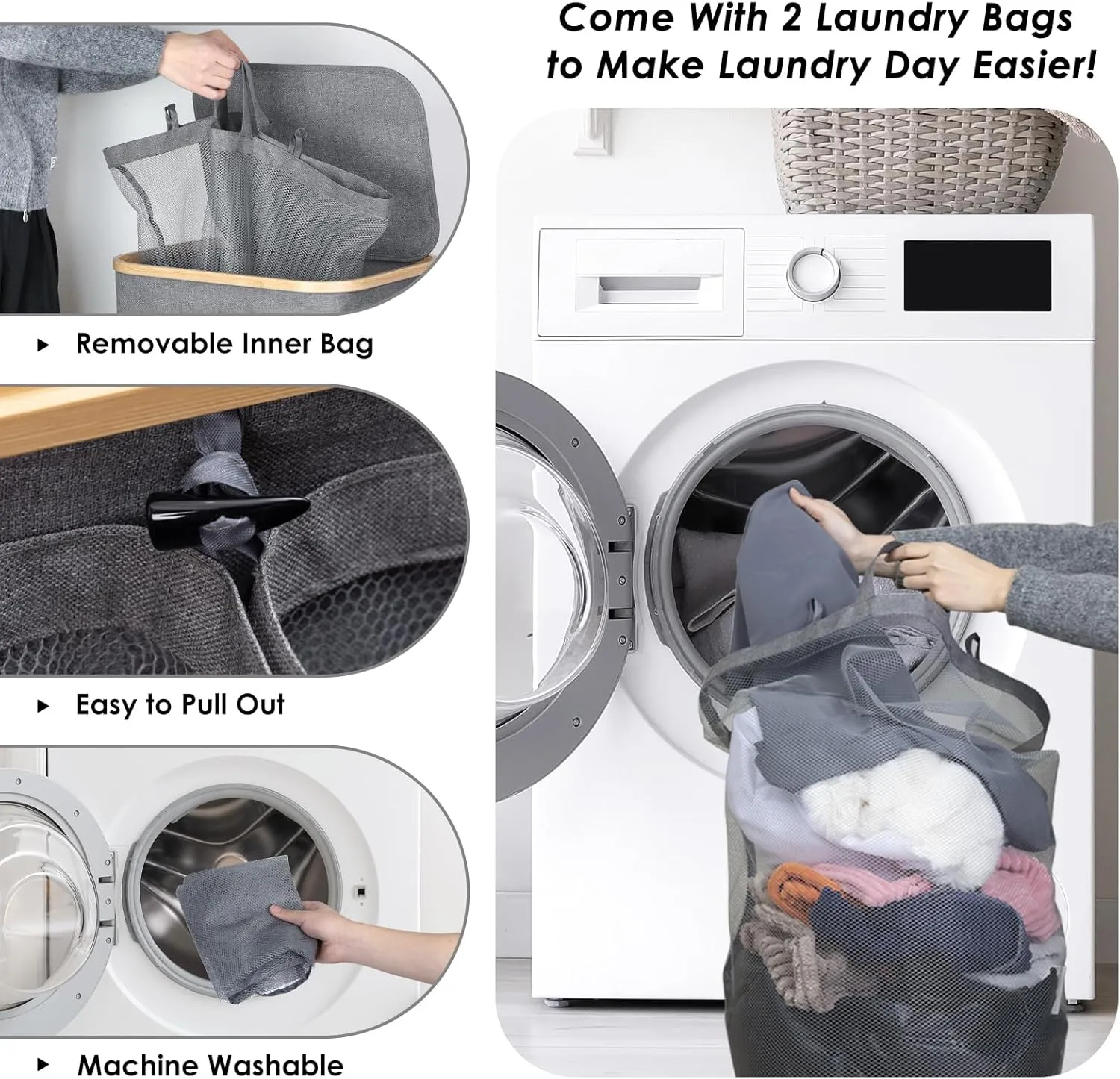 WELTRXE Double Laundry Hamper 2 Section with Lid and Removable Laundry Bags, Large Collapsible Hamper for Bedroom, 150L Clothes Basket with Bamboo Handles for Bedroom Dorm Laundry Room, Gray