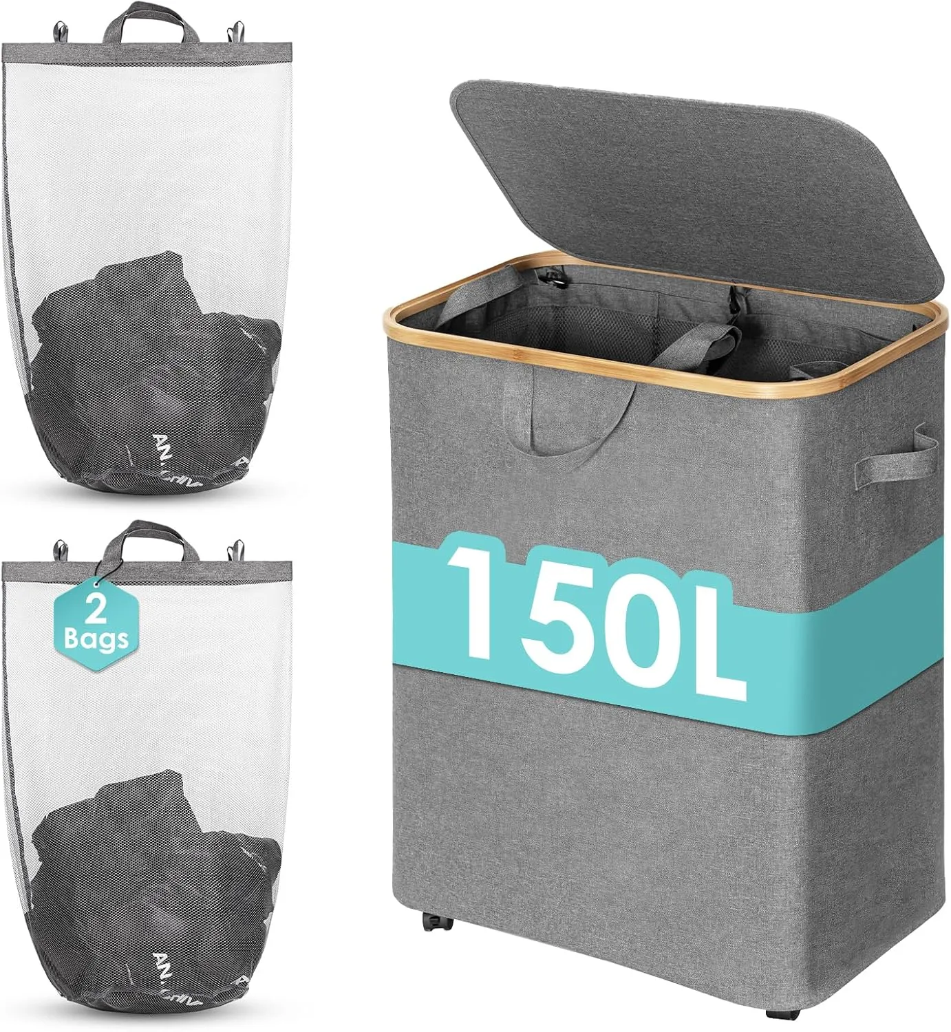WELTRXE Double Laundry Hamper 2 Section with Lid and Removable Laundry Bags, Large Collapsible Hamper for Bedroom, 150L Clothes Basket with Bamboo Handles for Bedroom Dorm Laundry Room, Gray