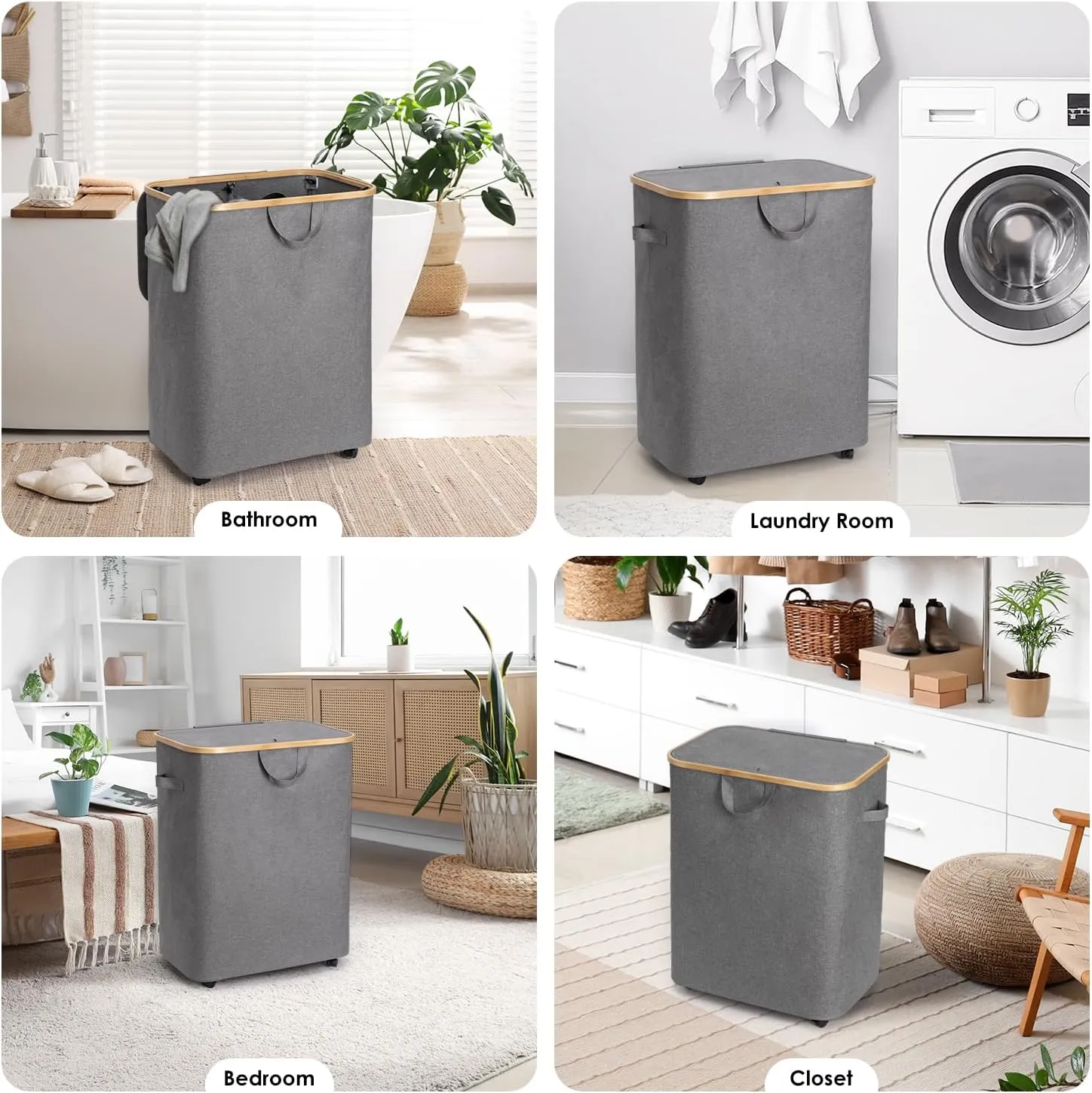 WELTRXE Double Laundry Hamper 2 Section with Lid and Removable Laundry Bags, Large Collapsible Hamper for Bedroom, 150L Clothes Basket with Bamboo Handles for Bedroom Dorm Laundry Room, Gray