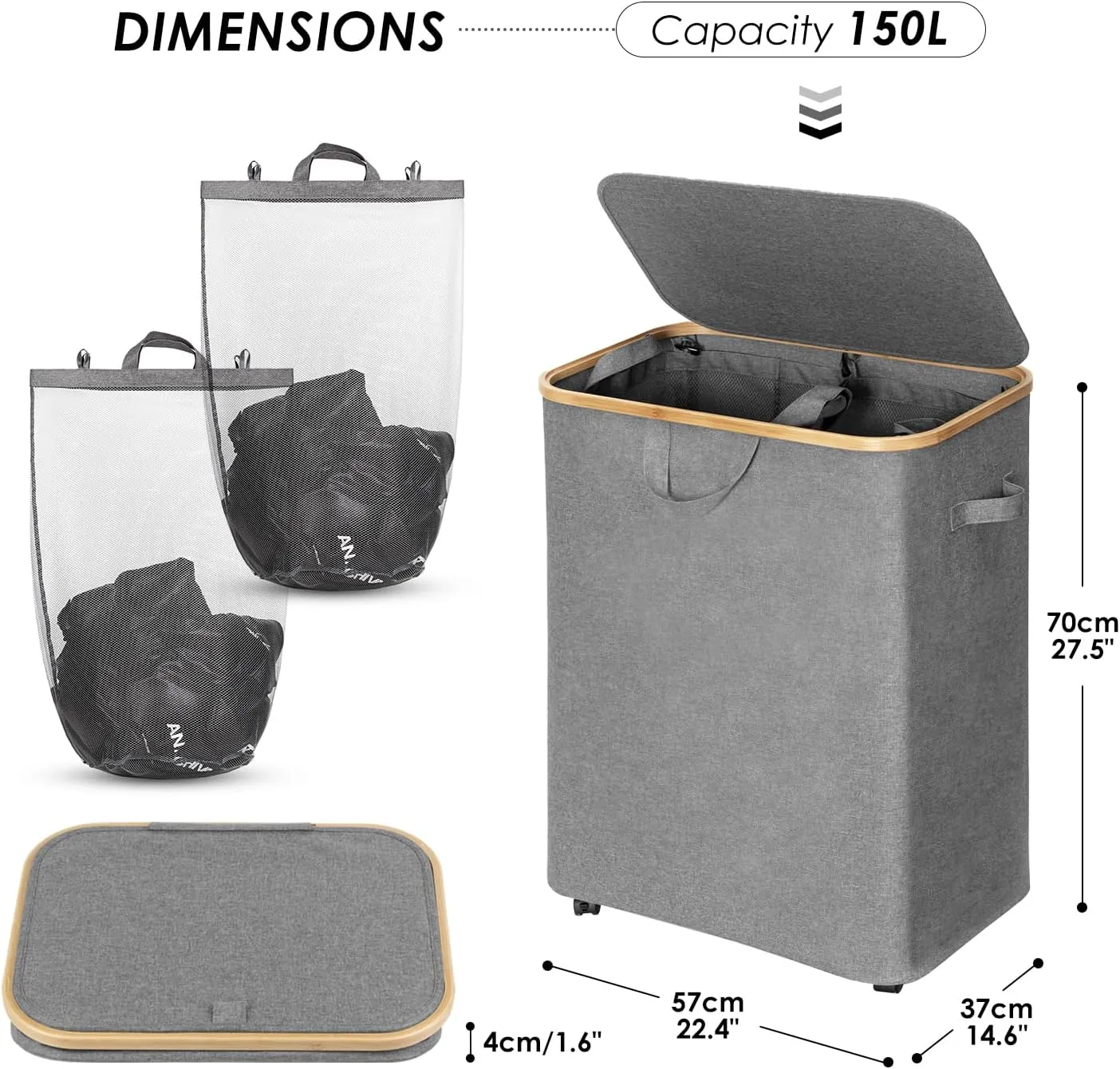 WELTRXE Double Laundry Hamper 2 Section with Lid and Removable Laundry Bags, Large Collapsible Hamper for Bedroom, 150L Clothes Basket with Bamboo Handles for Bedroom Dorm Laundry Room, Gray