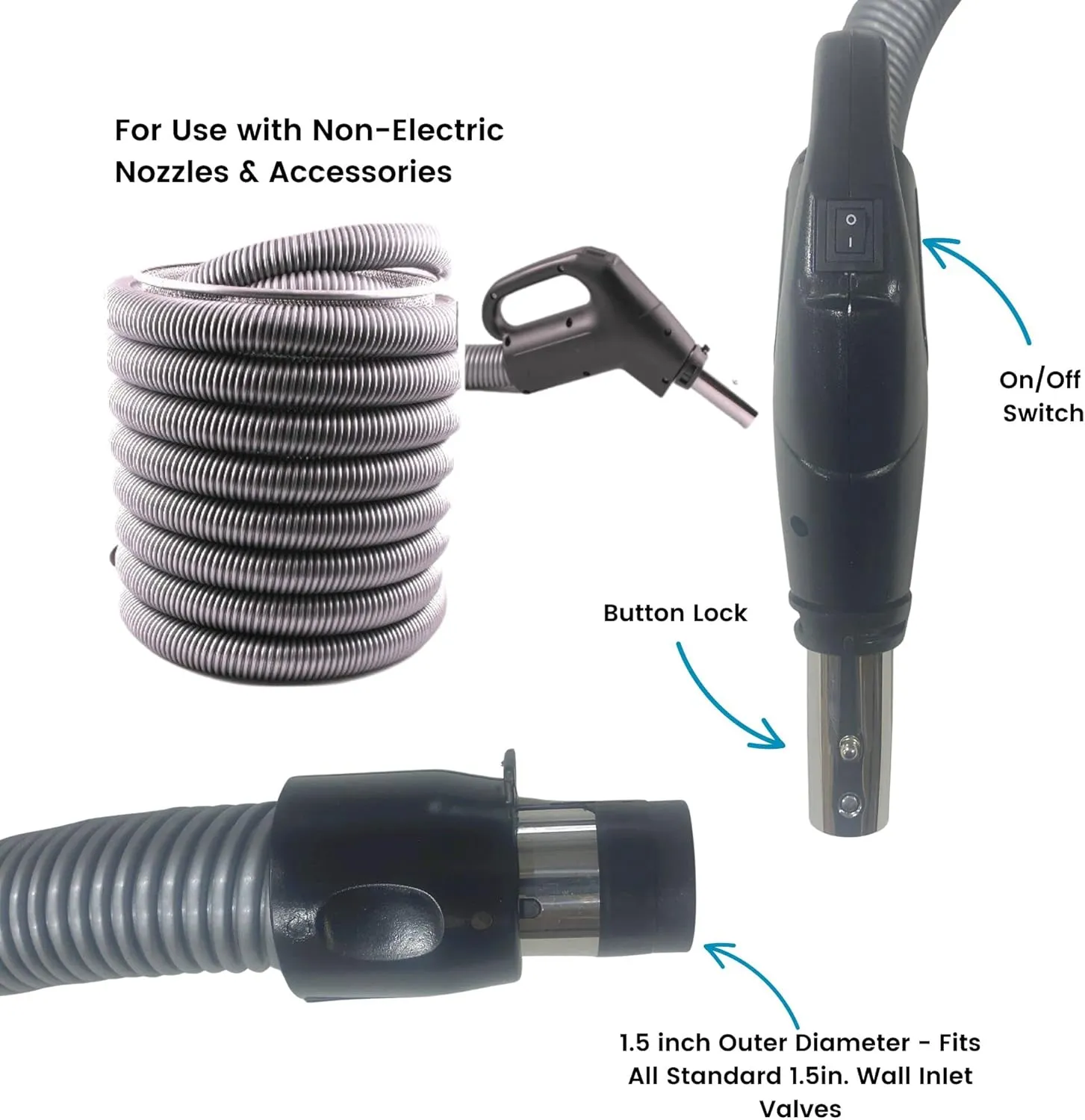 Wessel-Werk Central Vacuum Hose Kit with Floor and Household Attachments for Central Vacuum, Crushproof Hose with On/Off Switch Control and 1.25inch (32mm) Central Vac Accessories (30ft. Hose)