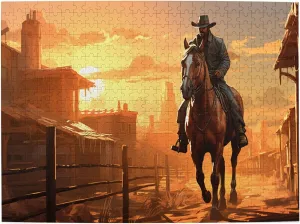 Western Cowboy 1000 Piece Jigsaw Puzzle Adults Cowboy On Riding in Town Challenging Educational Game Fun Family Activities Puzzle Floor Props Kid Gift Unzip Toy Wooden Puzzles