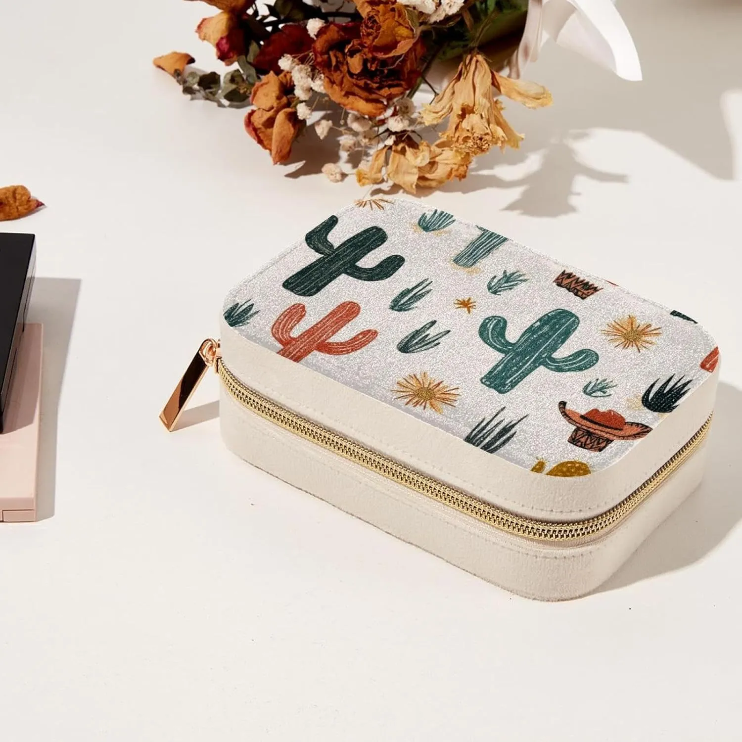 Western Themed Cactus Cowboy Seamless Pattern Jewelry Box Necklace Ring Storage Organizer, PU Leather Jewelry case Portable Travel Jewelry Organizer for Women Girls