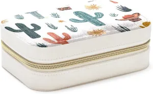 Western Themed Cactus Cowboy Seamless Pattern Jewelry Box Necklace Ring Storage Organizer, PU Leather Jewelry case Portable Travel Jewelry Organizer for Women Girls