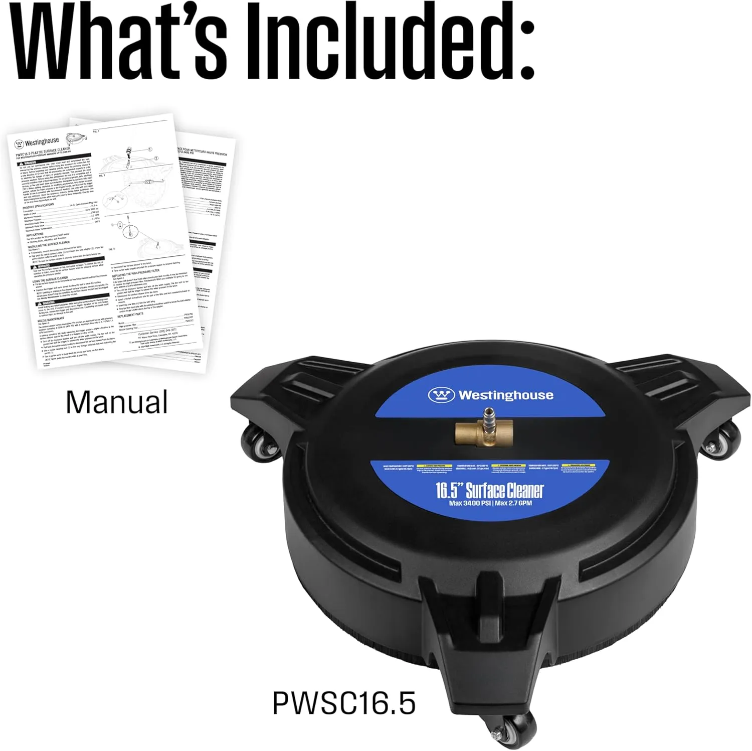 Westinghouse Universal 16.5" Pressure Washer Plastic Surface Cleaner Attachment - 3400 Max PSI, 1/4” Connector - for Gas and Electric Pressure Washers