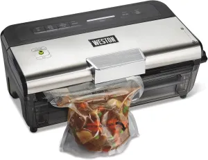 WESTON BRANDS Liquid & Dry Vacuum Sealer Machine With Date Code Stamp, Built-In Cutter, Pulse Button, Includes 2 Rolls   6 Easy-Fill Bags, Black (65-1641-W)