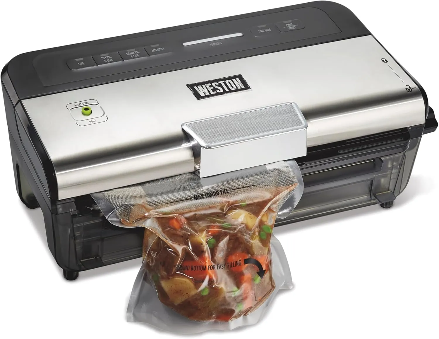 WESTON BRANDS Liquid & Dry Vacuum Sealer Machine With Date Code Stamp, Built-In Cutter, Pulse Button, Includes 2 Rolls   6 Easy-Fill Bags, Black (65-1641-W)
