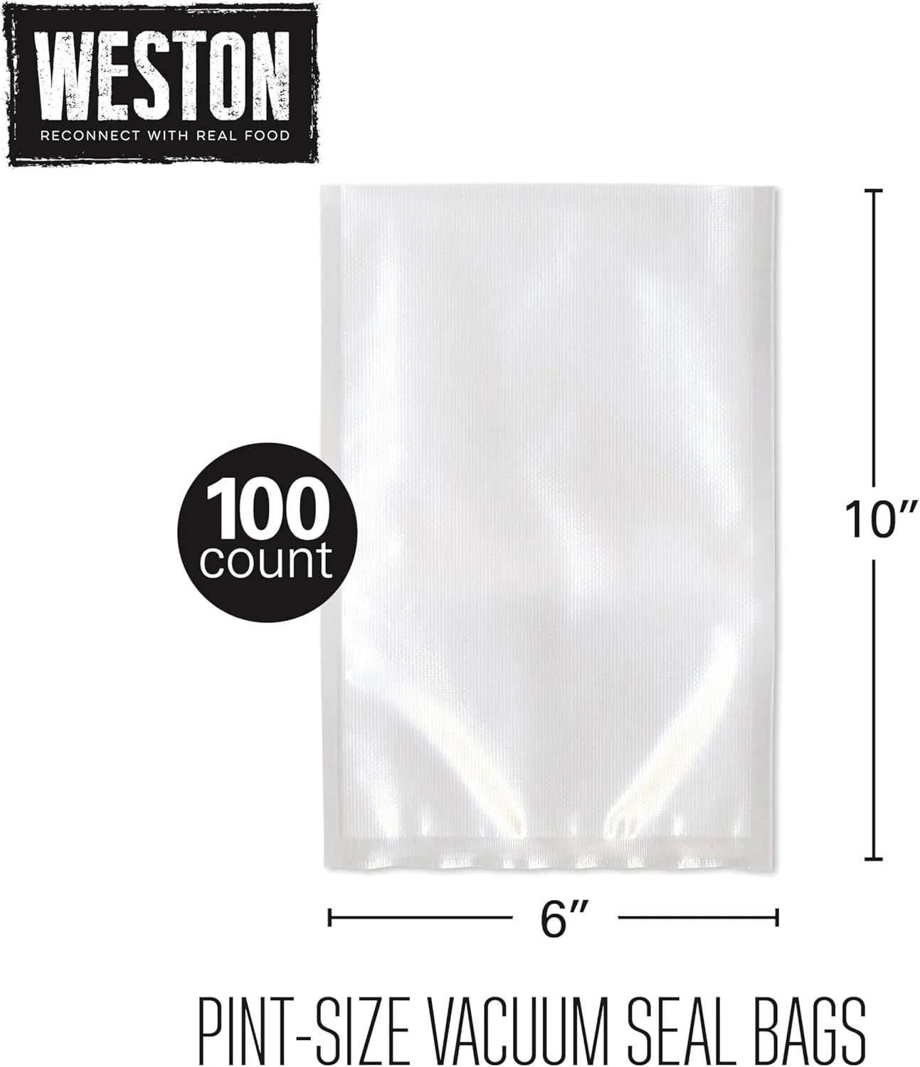 Weston Vacuum Sealer Bags for Food, 2 Ply 3mm Thick, for NutriFresh, FoodSaver & Other Heat-Seal Systems, for Meal Prep and Sous Vide, BPA Free, 6" x 10" (Pint), 100 count, Clear