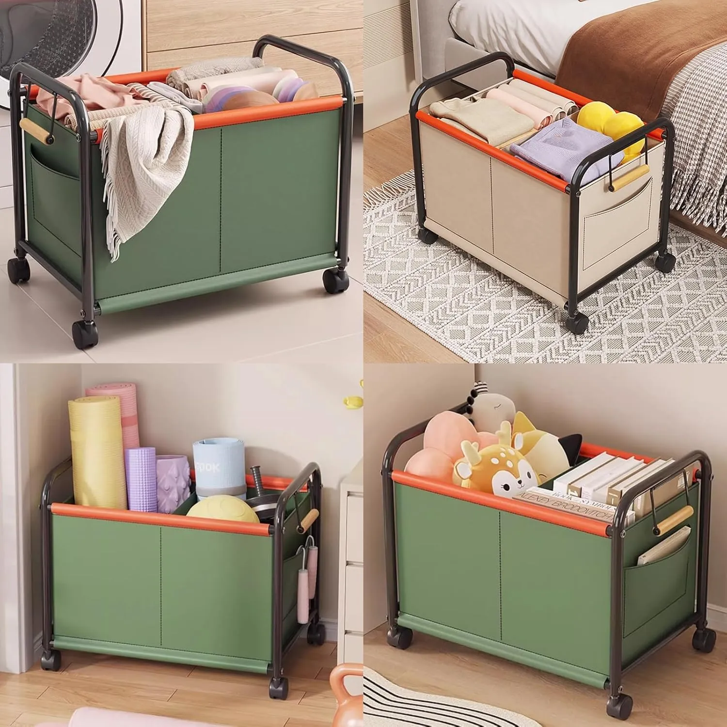 Wheeled Laundry Basket with Oxford Fabric Bag, Clothes Storage Basket, Partition Design Rolling Laundry Basket Storage Cart for Bathrooms, Bedrooms, Dormitories, Laundry Rooms(Green,64x37x65cm/25x15x2