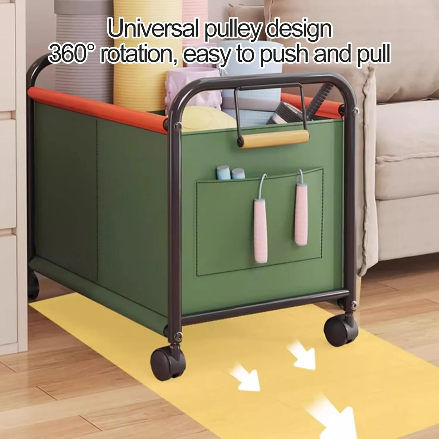 Wheeled Laundry Basket with Oxford Fabric Bag, Clothes Storage Basket, Partition Design Rolling Laundry Basket Storage Cart for Bathrooms, Bedrooms, Dormitories, Laundry Rooms(Green,64x37x65cm/25x15x2