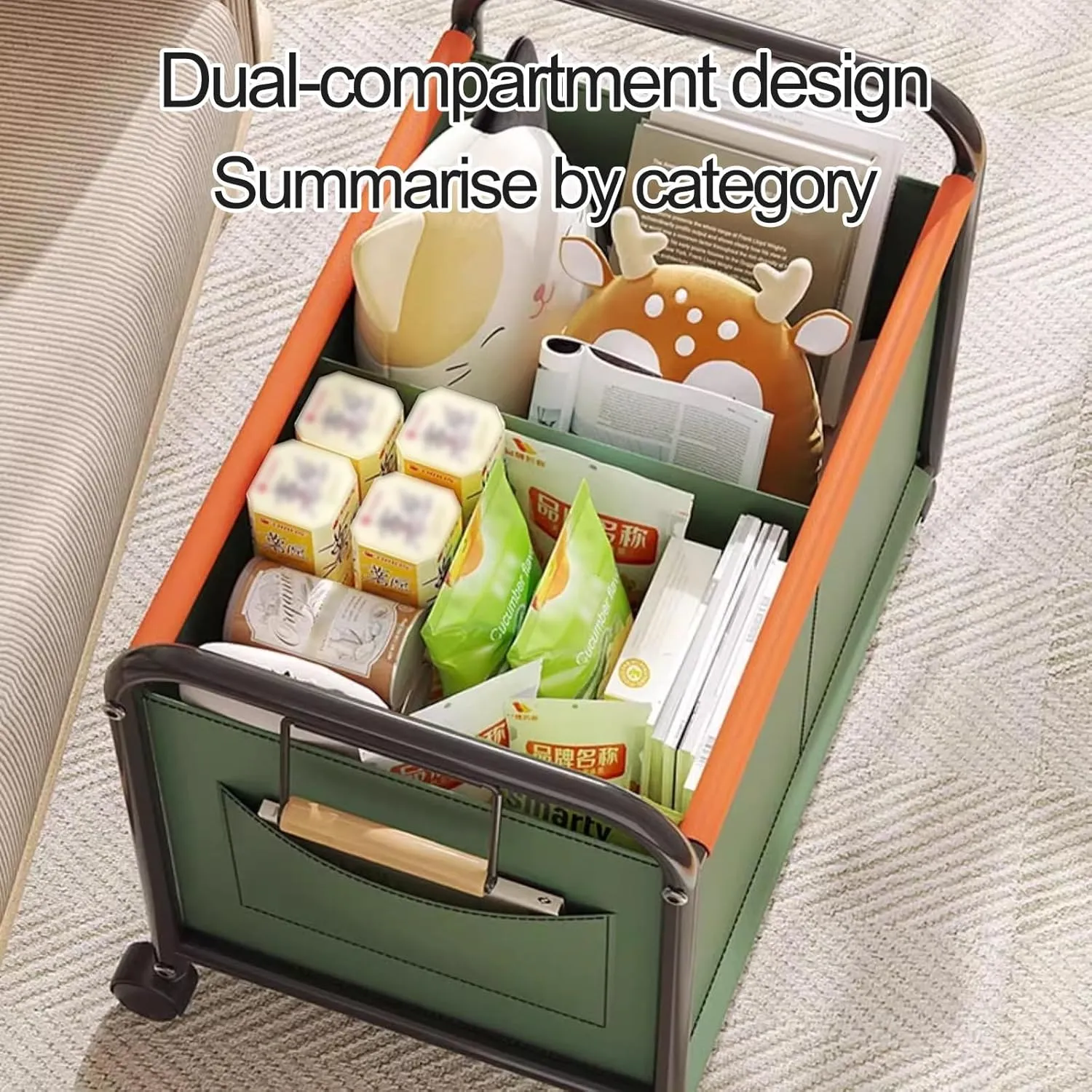 Wheeled Laundry Basket with Oxford Fabric Bag, Clothes Storage Basket, Partition Design Rolling Laundry Basket Storage Cart for Bathrooms, Bedrooms, Dormitories, Laundry Rooms(Green,64x37x65cm/25x15x2