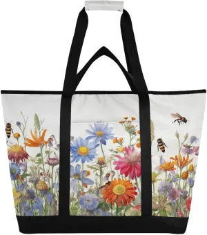 Wildflower Reusable Insulated Lunchbox Cooler Bag, Leakproof Kitchen Grocery Bag Collapsible Portable Cooler Tote Bag for Picnic, Camping, Office, Travel
