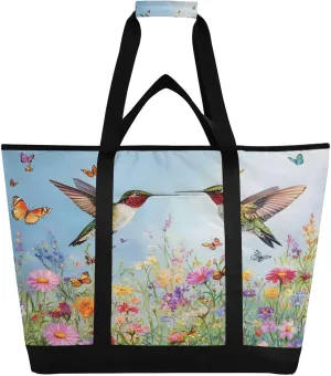 Wildflowers and Hummingbirds Reusable Insulated Lunchbox Cooler Bag, Leakproof Kitchen Grocery Bag Collapsible Portable Cooler Tote Bag for Picnic, Camping, Office, Travel