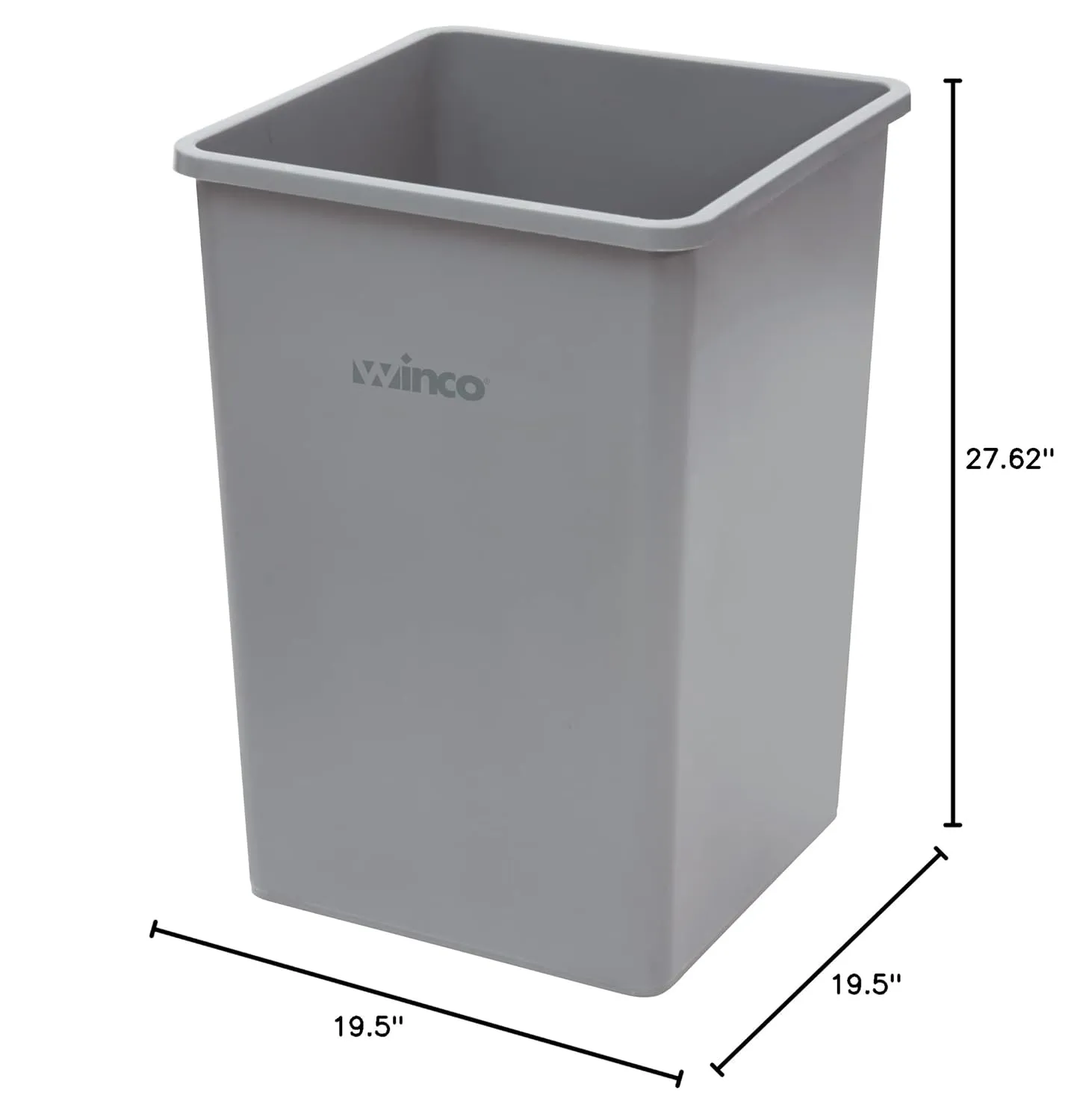 Winco Commercial Square Plastic Trash Can, 35 Gallon, Gray