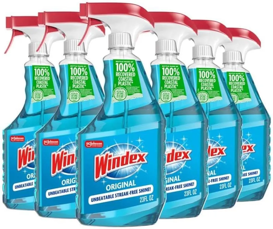 Windex Glass and Window Cleaner Spray Bottle, Bottle Made from 100% Recycled Plastic, Surface Cleaning Spray, Original Blue Scent, 23 Fl Oz (Pack of 6)