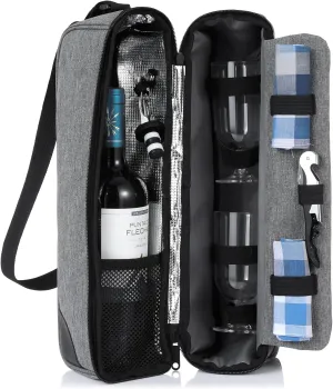 Wine Bag, Wine Cooler Bag for Gift, Wine Bottle Carrier Tote Bag Set Insulated with Cooler Compartment for Travel, Picnic, Beach with Wine Glasses, Wine Opener, Wine Stopper