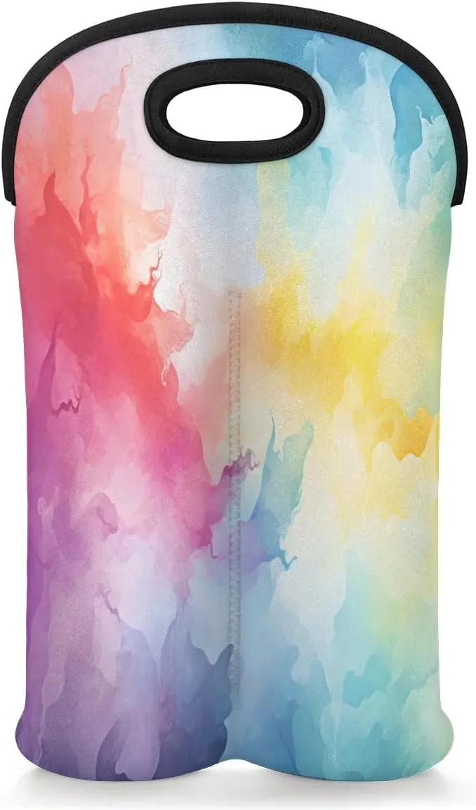 Wine Carrier Tote Bag for 2 Bottles Abstract Colorful Fog Insulated Wine Cooler Bag Neoprene Wine Holder Tote Hand Bag with Carry Handle Leakproof Housewarming Wine Protective Bag