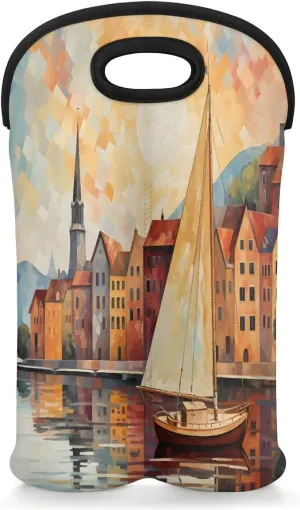 Wine Carrier Tote Bag for 2 Bottles Sailboat Seawater City Insulated Wine Cooler Bag Neoprene Wine Holder Tote Hand Bag with Carry Handle Leakproof Housewarming Wine Protective Bag