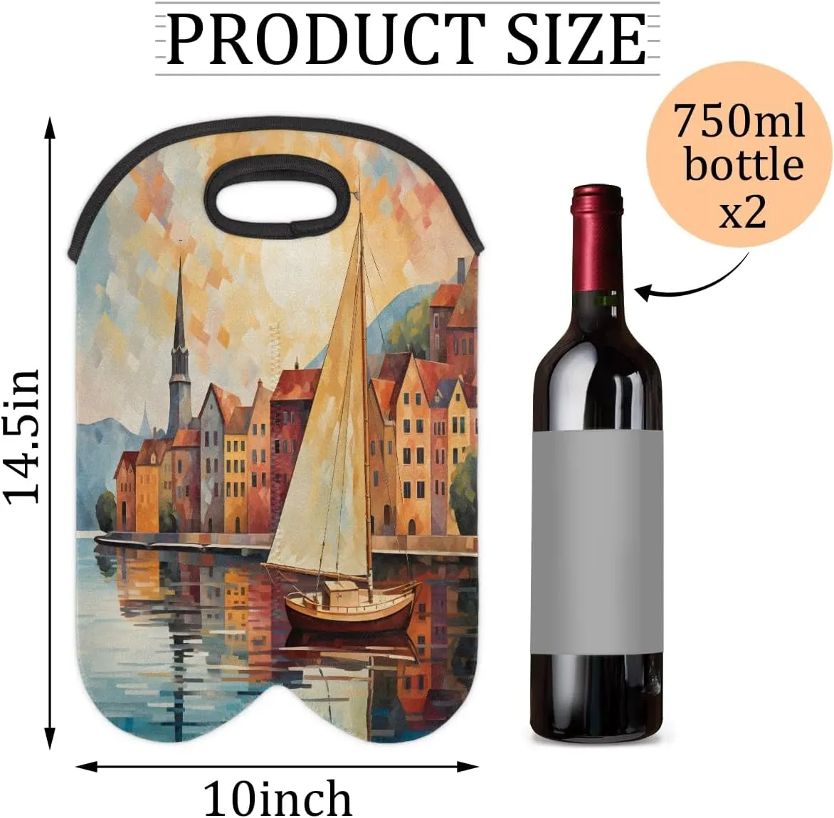 Wine Carrier Tote Bag for 2 Bottles Sailboat Seawater City Insulated Wine Cooler Bag Neoprene Wine Holder Tote Hand Bag with Carry Handle Leakproof Housewarming Wine Protective Bag