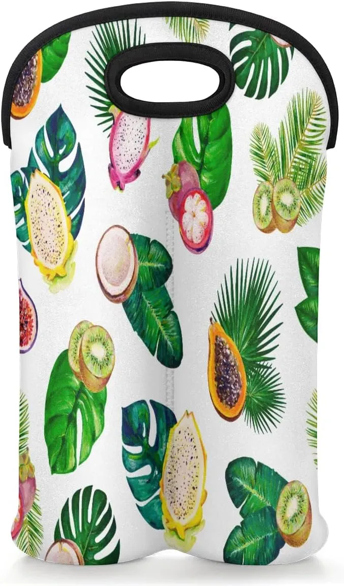 Wine Carrier Tote Bag for 2 Bottles Tropic Fruits Leaves Insulated Wine Cooler Bag Neoprene Wine Holder Tote Hand Bag with Carry Handle Leakproof Housewarming Wine Protective Bag