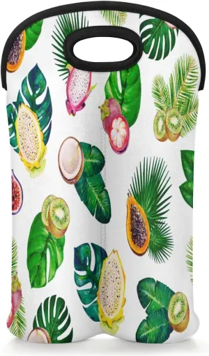 Wine Carrier Tote Bag for 2 Bottles Tropic Fruits Leaves Insulated Wine Cooler Bag Neoprene Wine Holder Tote Hand Bag with Carry Handle Leakproof Housewarming Wine Protective Bag