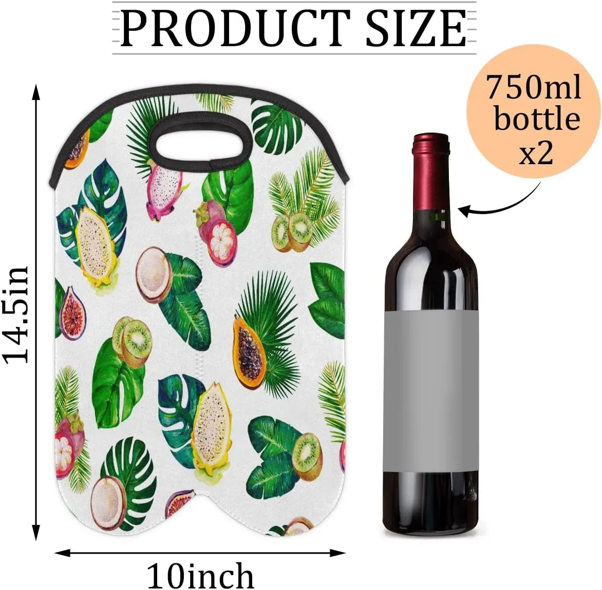 Wine Carrier Tote Bag for 2 Bottles Tropic Fruits Leaves Insulated Wine Cooler Bag Neoprene Wine Holder Tote Hand Bag with Carry Handle Leakproof Housewarming Wine Protective Bag