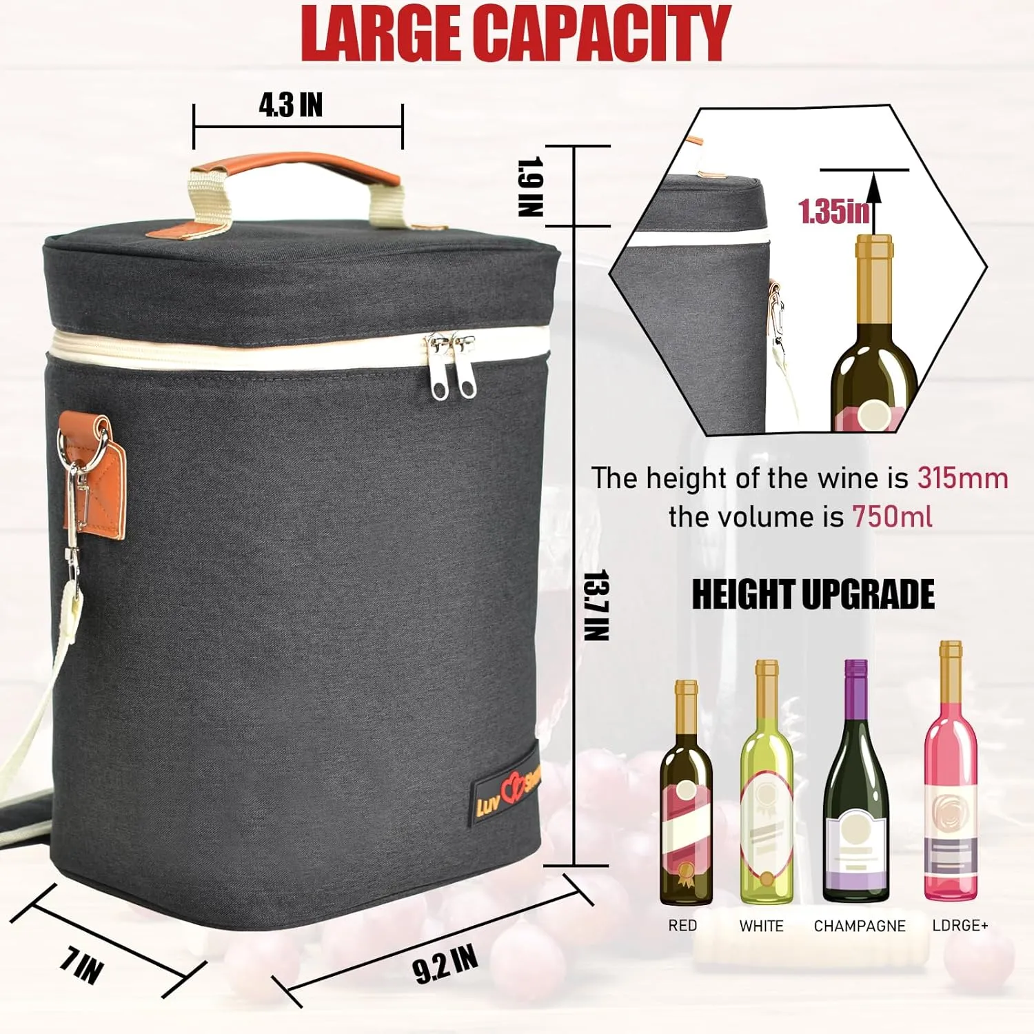 Wine Carrier Tote, Insulated Leakproof Wine Cooler Bag, Wine Travel Bag Tote for Picnic BYOB Restaurant Beach, Padded Portable Wine Bottle Carrier Gift (Grey, 4 bottle-14" x 9.2" x 7" (L x W x H))