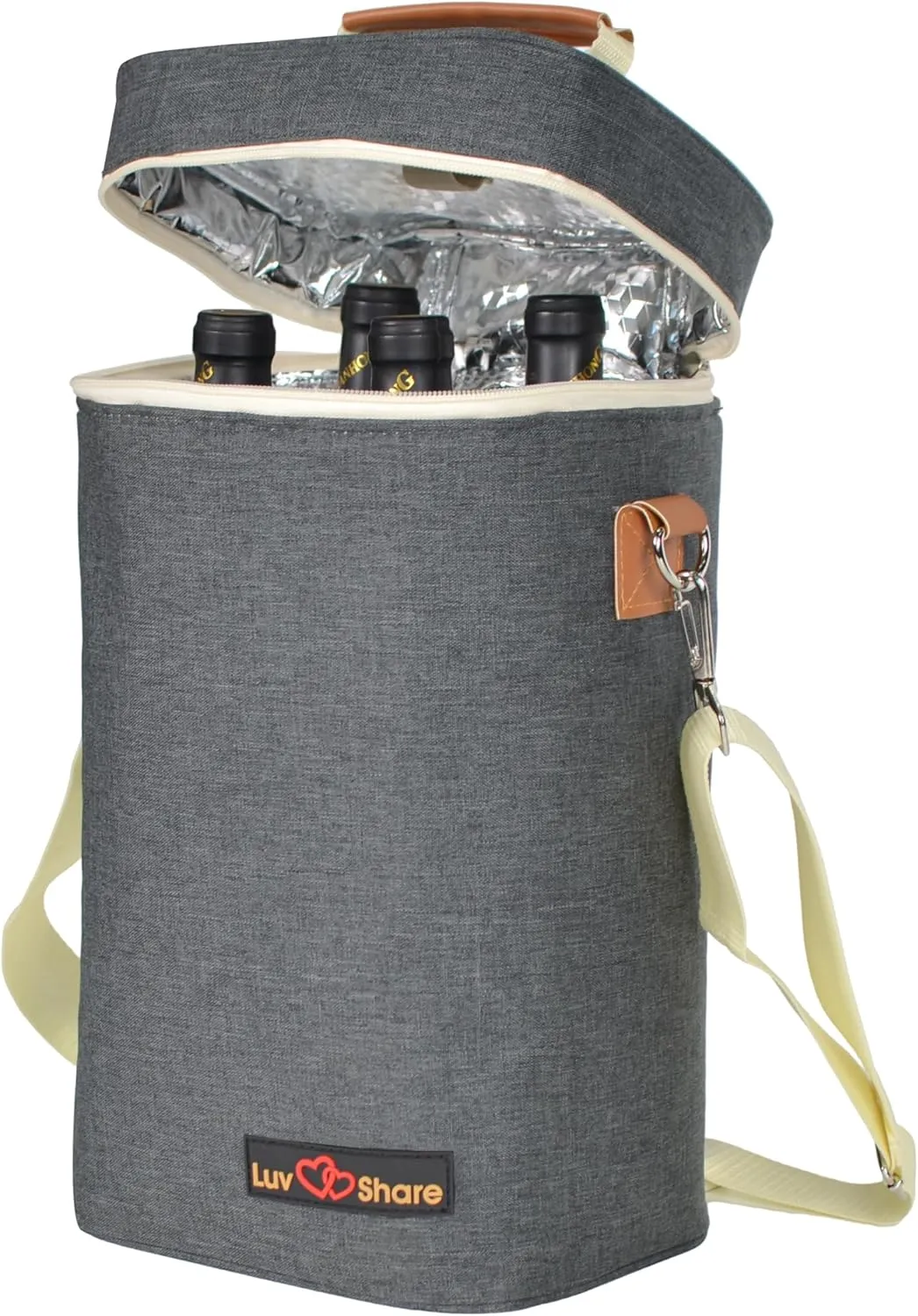 Wine Carrier Tote, Insulated Leakproof Wine Cooler Bag, Wine Travel Bag Tote for Picnic BYOB Restaurant Beach, Padded Portable Wine Bottle Carrier Gift (Grey, 4 bottle-14" x 9.2" x 7" (L x W x H))