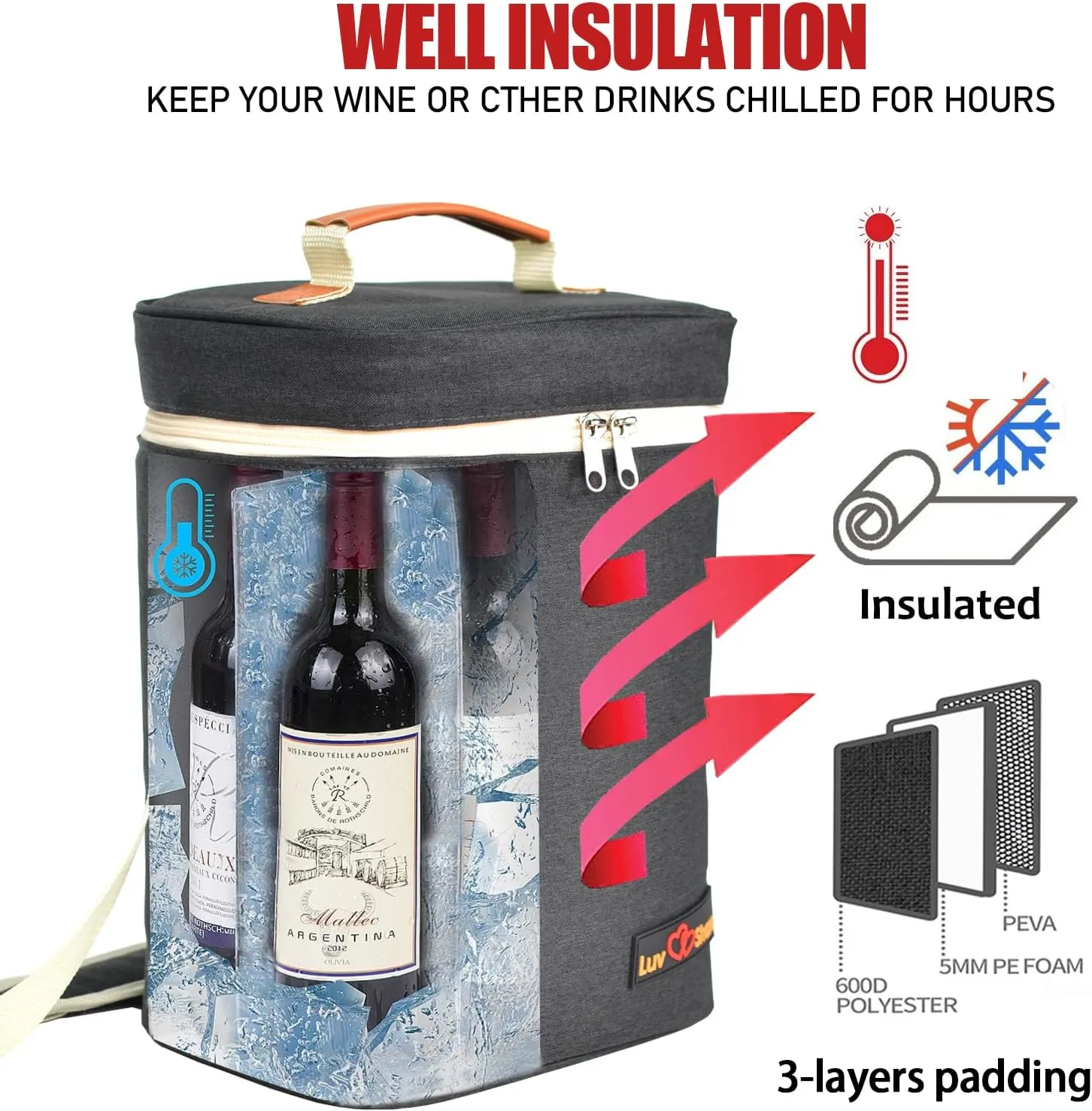 Wine Carrier Tote, Insulated Leakproof Wine Cooler Bag, Wine Travel Bag Tote for Picnic BYOB Restaurant Beach, Padded Portable Wine Bottle Carrier Gift (Grey, 4 bottle-14" x 9.2" x 7" (L x W x H))