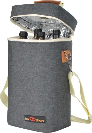 Wine Carrier Tote, Insulated Leakproof Wine Cooler Bag, Wine Travel Bag Tote for Picnic BYOB Restaurant Beach, Padded Portable Wine Bottle Carrier Gift (Grey, 4 bottle-14" x 9.2" x 7" (L x W x H))