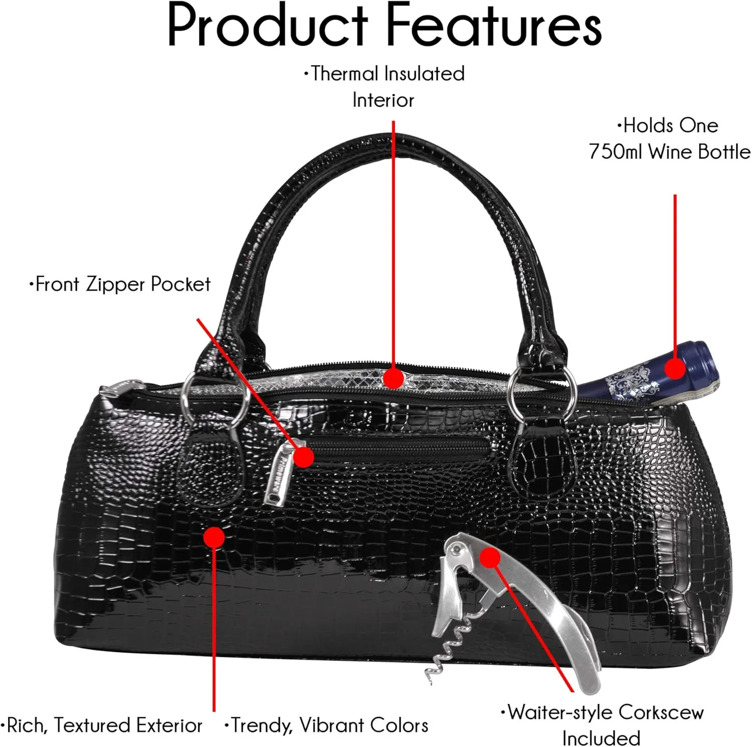 Wine Clutch Bag (Thermal Insulated) Trendy Women’s Carry Tote | Holds Red & White 750mL Bottles | Trendy Fashion | Incl. Portable Waiter-Style Corkscrew
