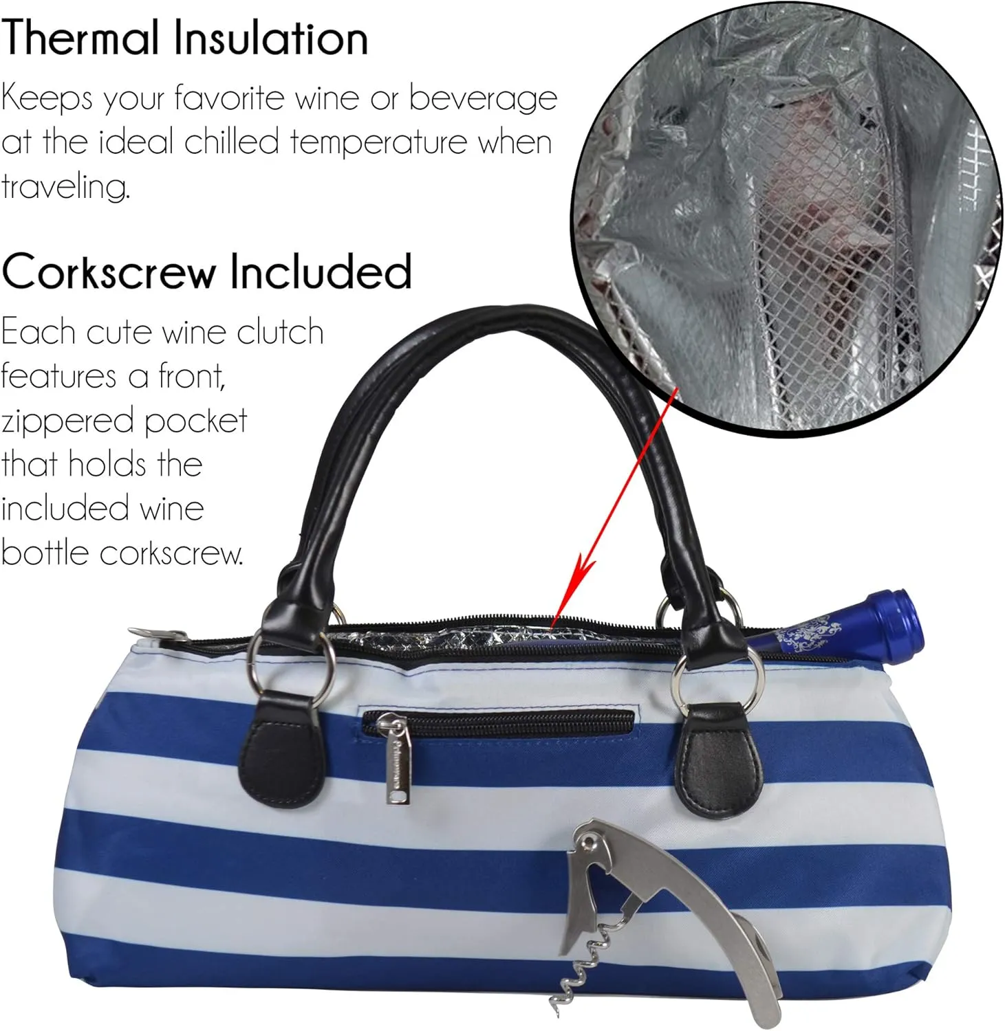 Wine Clutch Bag Thermal Insulated Wine Carrier Tote Holds Red & White Wine 750 ml Bottle Includes Portable Waiter-Style Corkscrew