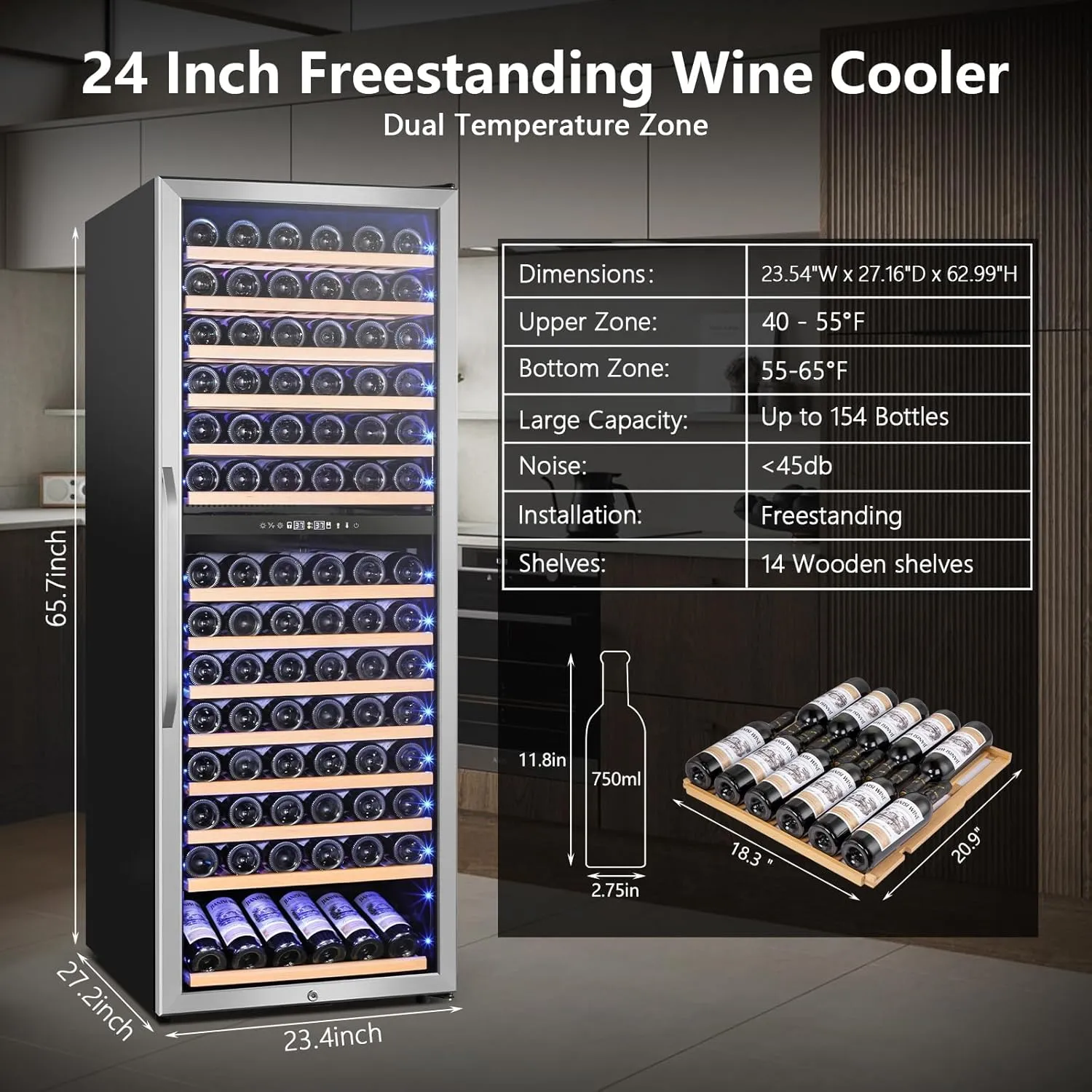 Wine Fridge Freestanding Dual Temperature Zone, Wine Cooler Refrigerator for 154 Bottles, 24 Inch Wide Large Wine Cooler with Professional Temperature Control System, Quiet Operation