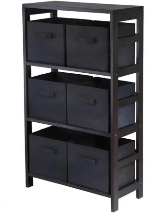 Winsome Wood Capri Wood 3 Section Storage Shelf with 6 Black Fabric Foldable Baskets