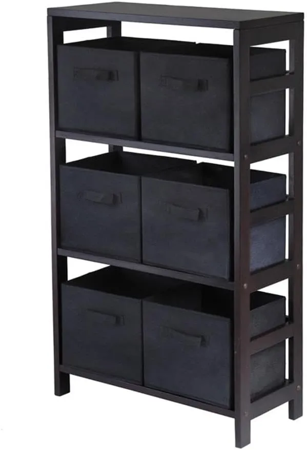 Winsome Wood Capri Wood 3 Section Storage Shelf with 6 Black Fabric Foldable Baskets