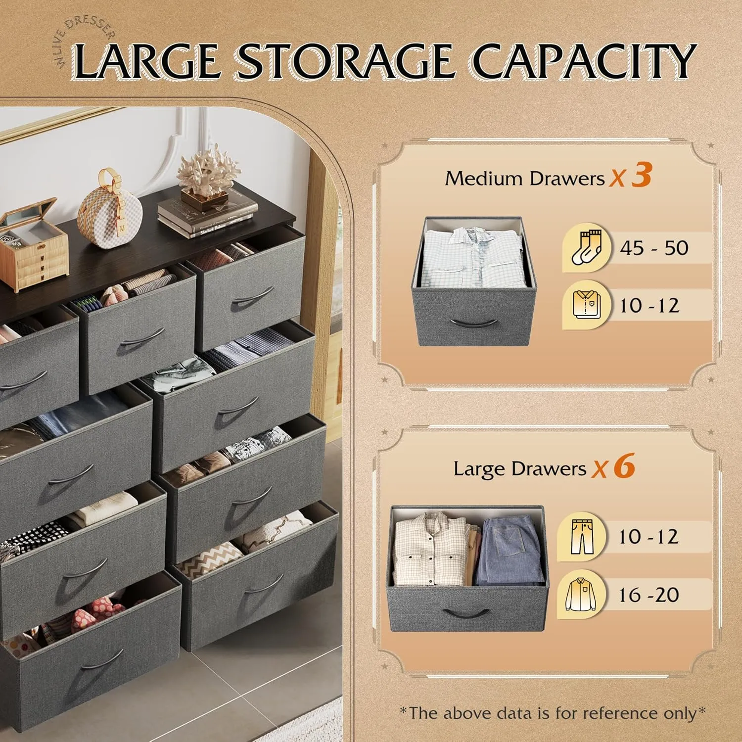 WLIVE 9-Drawer Dresser, Fabric Storage Tower for Bedroom, Hallway, Entryway, Closet, Tall Chest Organizer Unit with Fabric Bins, Steel Frame, Wood Top, Easy Pull Handle, Dark Grey