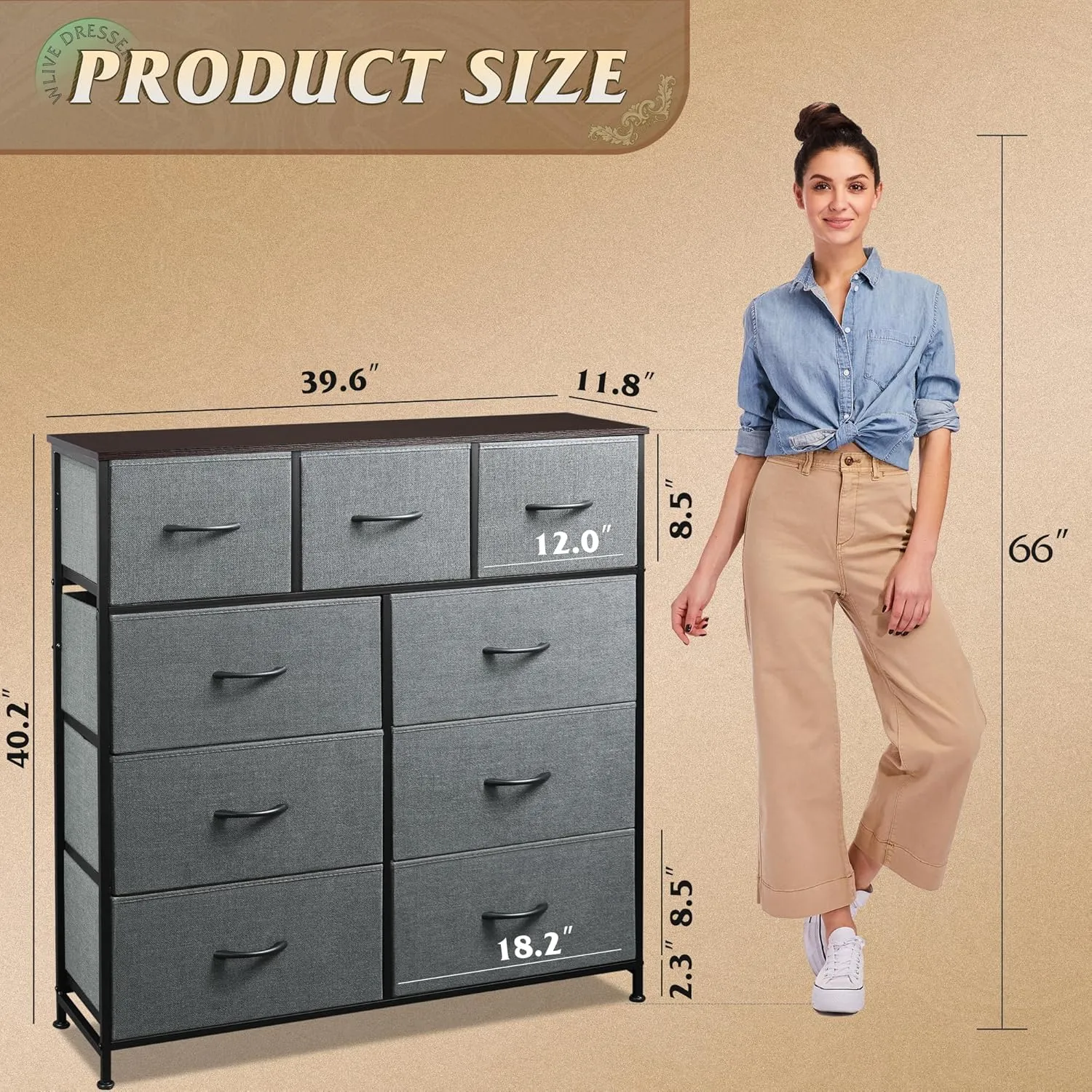 WLIVE 9-Drawer Dresser, Fabric Storage Tower for Bedroom, Hallway, Entryway, Closet, Tall Chest Organizer Unit with Fabric Bins, Steel Frame, Wood Top, Easy Pull Handle, Dark Grey