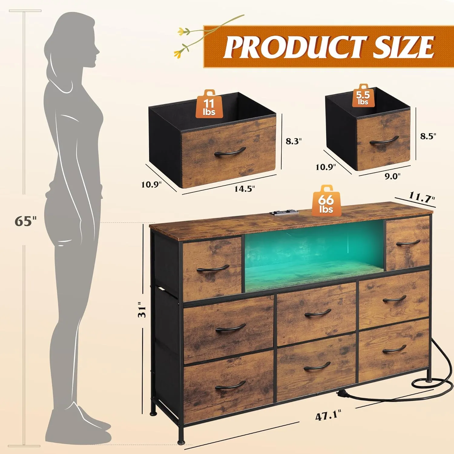 WLIVE Dresser for Bedroom, TV Stand for Bedroom for 50, 55 inch TV with Charging Station and LED Lights, Fabric Chest of Drawers with Open Shelves, 8 Drawer Dressers for Living Room, Closet