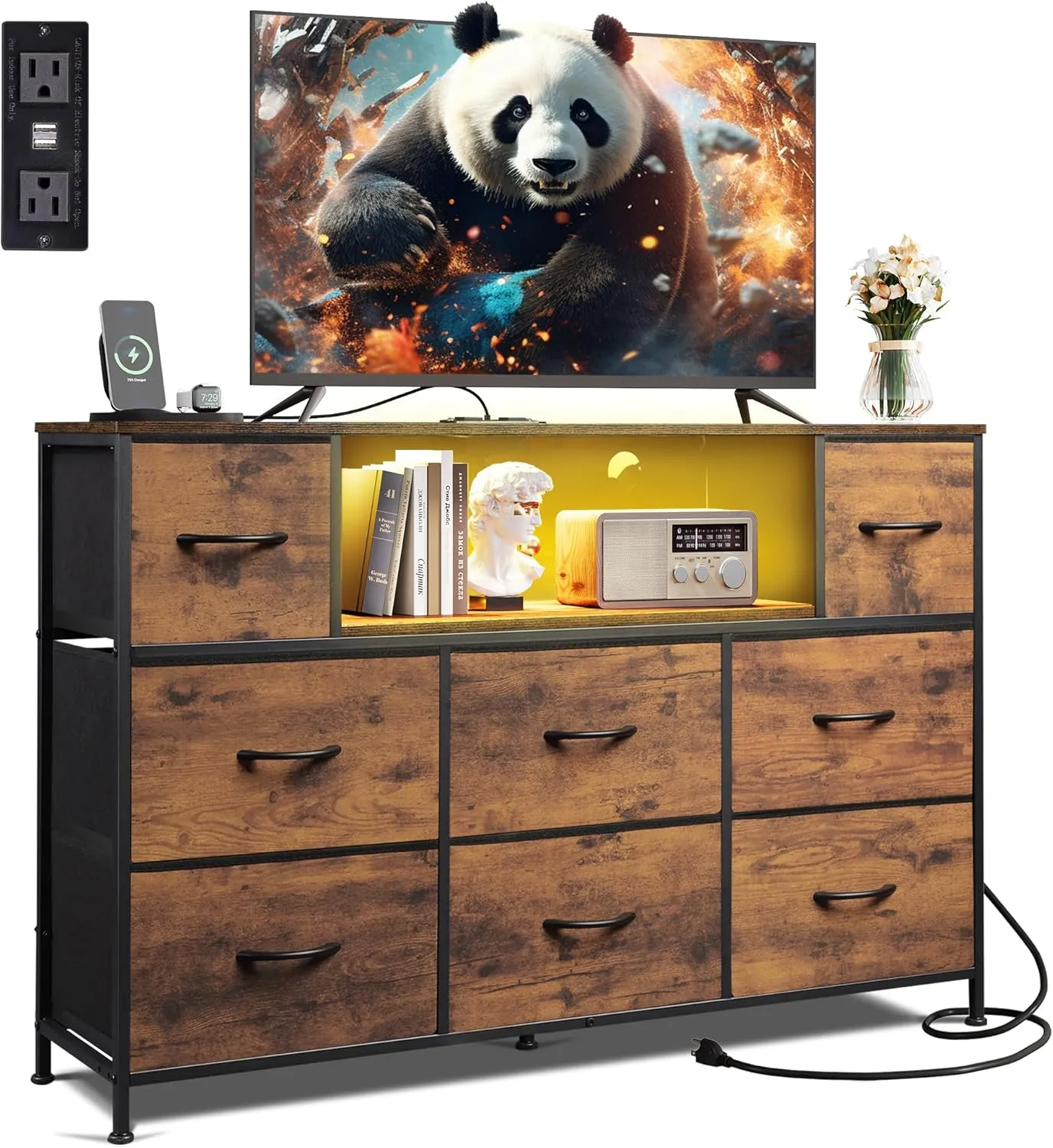 WLIVE Dresser for Bedroom, TV Stand for Bedroom for 50, 55 inch TV with Charging Station and LED Lights, Fabric Chest of Drawers with Open Shelves, 8 Drawer Dressers for Living Room, Closet