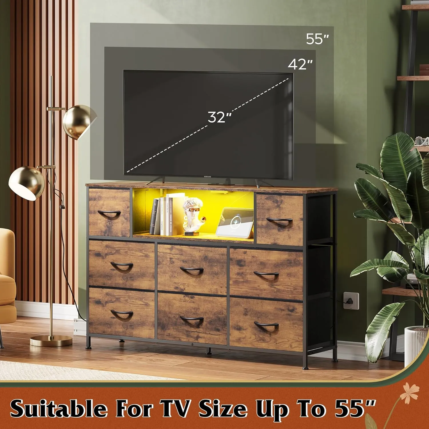 WLIVE Dresser for Bedroom, TV Stand for Bedroom for 50, 55 inch TV with Charging Station and LED Lights, Fabric Chest of Drawers with Open Shelves, 8 Drawer Dressers for Living Room, Closet