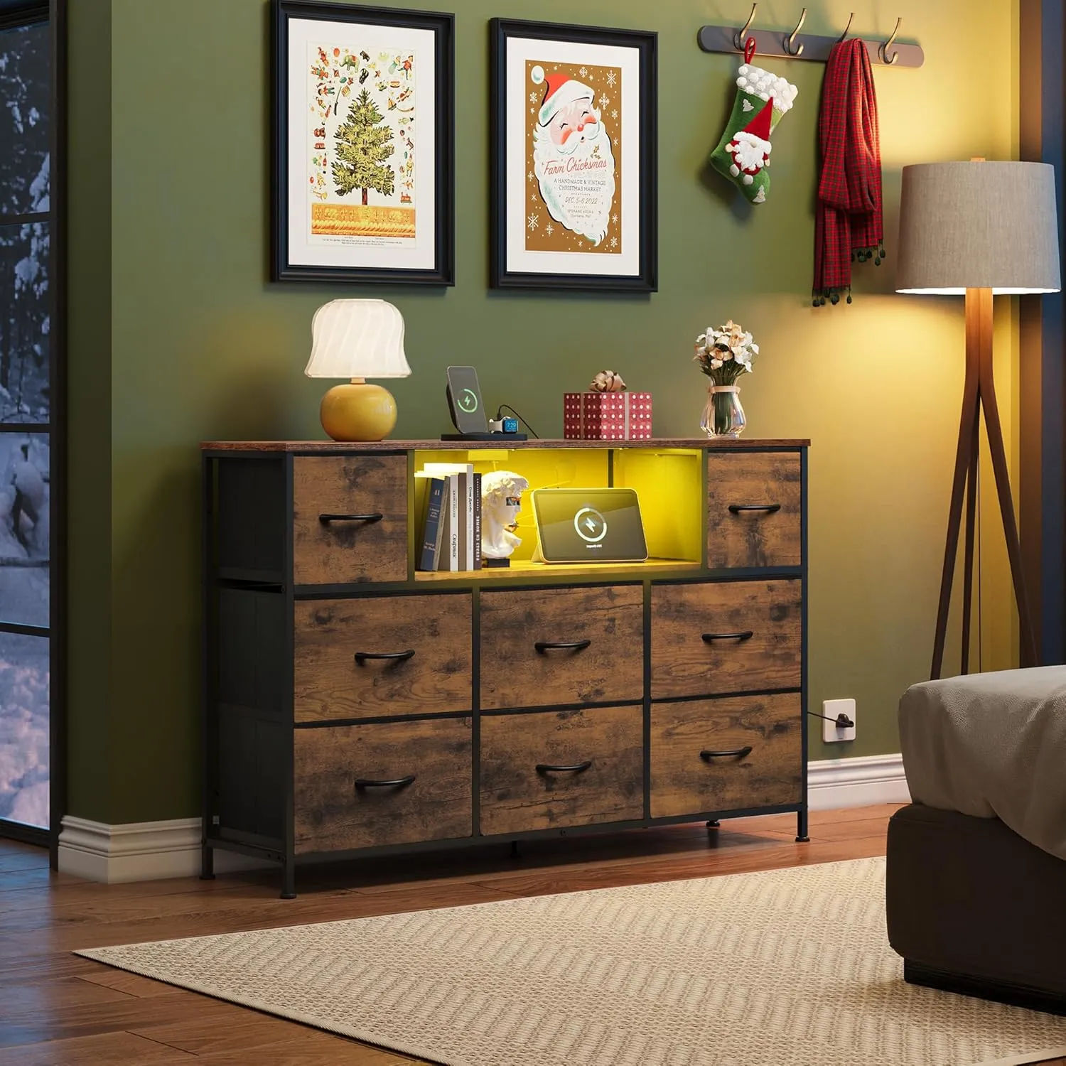 WLIVE Dresser for Bedroom, TV Stand for Bedroom for 50, 55 inch TV with Charging Station and LED Lights, Fabric Chest of Drawers with Open Shelves, 8 Drawer Dressers for Living Room, Closet