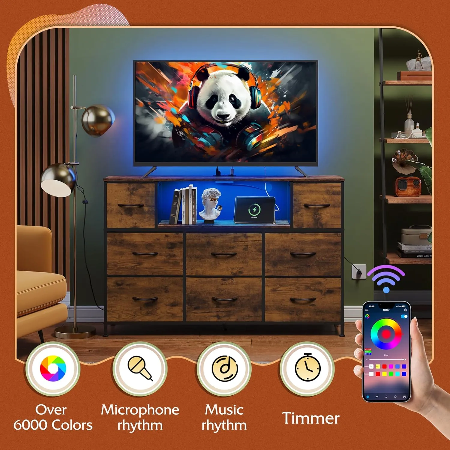 WLIVE Dresser for Bedroom, TV Stand for Bedroom for 50, 55 inch TV with Charging Station and LED Lights, Fabric Chest of Drawers with Open Shelves, 8 Drawer Dressers for Living Room, Closet