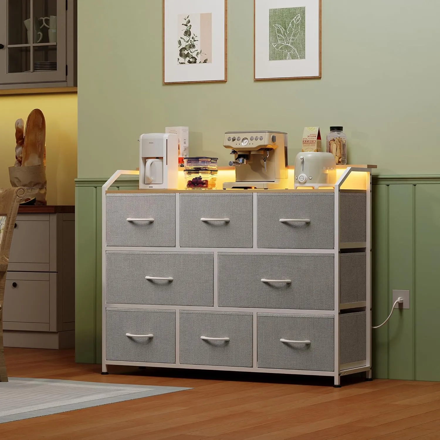 WLIVE Dresser TV Stand with Power Outlets, Led Dresser for Bedroom, Fabric Chest of Drawers with Open Shelves, Wood Top, Steel Frame, 6 Drawer Dressers for Closet, Living Room, Light Grey