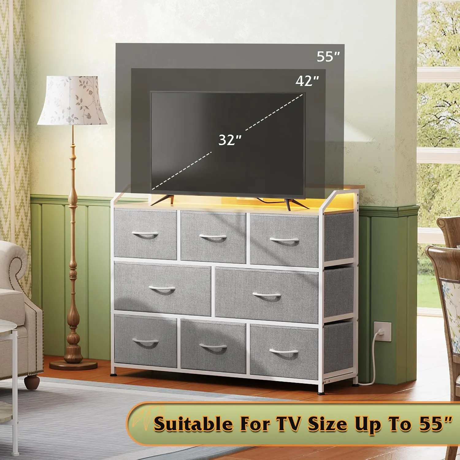 WLIVE Dresser TV Stand with Power Outlets, Led Dresser for Bedroom, Fabric Chest of Drawers with Open Shelves, Wood Top, Steel Frame, 6 Drawer Dressers for Closet, Living Room, Light Grey