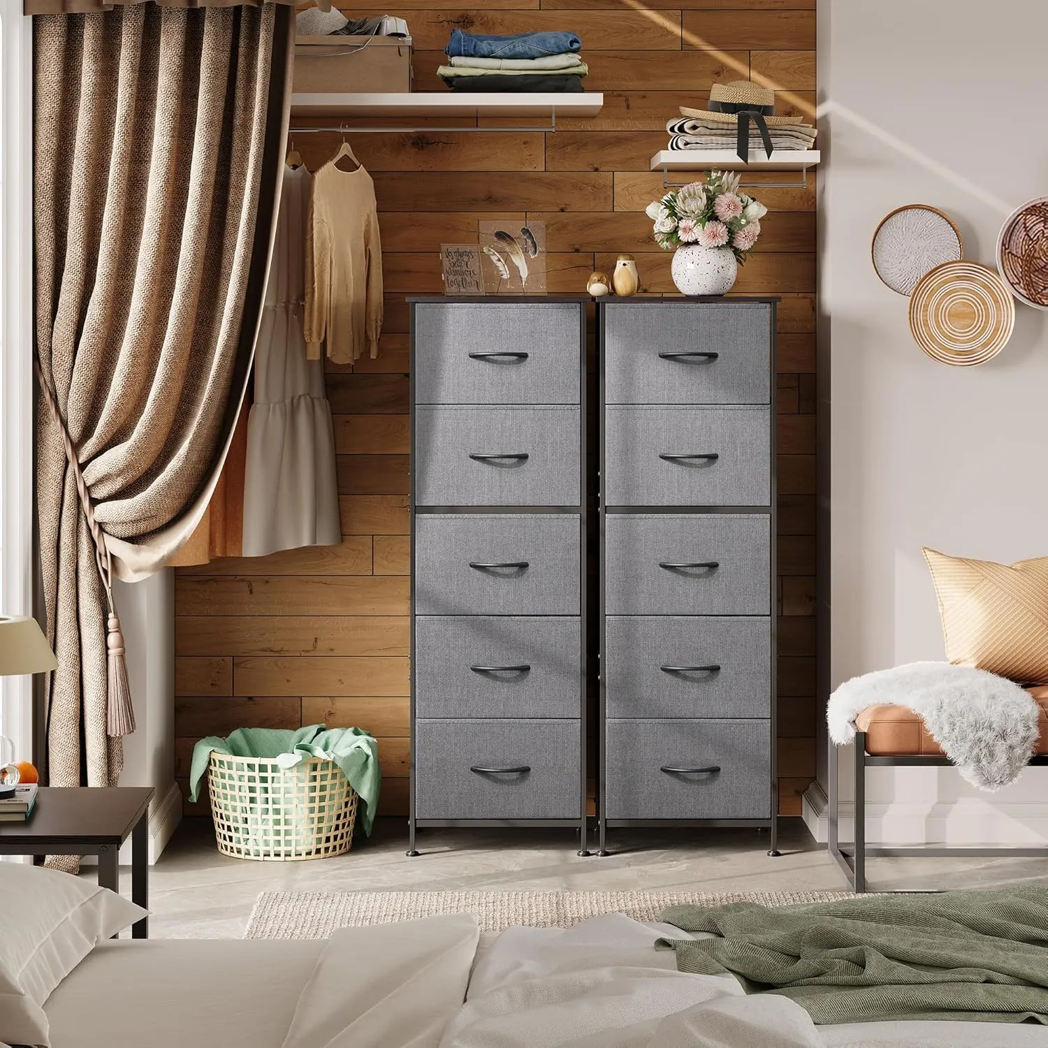WLIVE Fabric Dresser, 5-Drawer Tall Dresser for Bedroom, Storage Dresser Organizer with Fabric Bins, Wood Top, Sturdy Steel Frame, Chest of Drawers for Closet, Hallway, Dark Grey