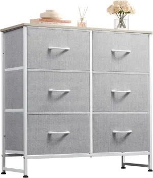 WLIVE Fabric Dresser for Bedroom, 6 Drawer Double Dresser, Storage Tower with Fabric Bins, Chest of Drawers for Closet, Living Room, Hallway, Light Grey