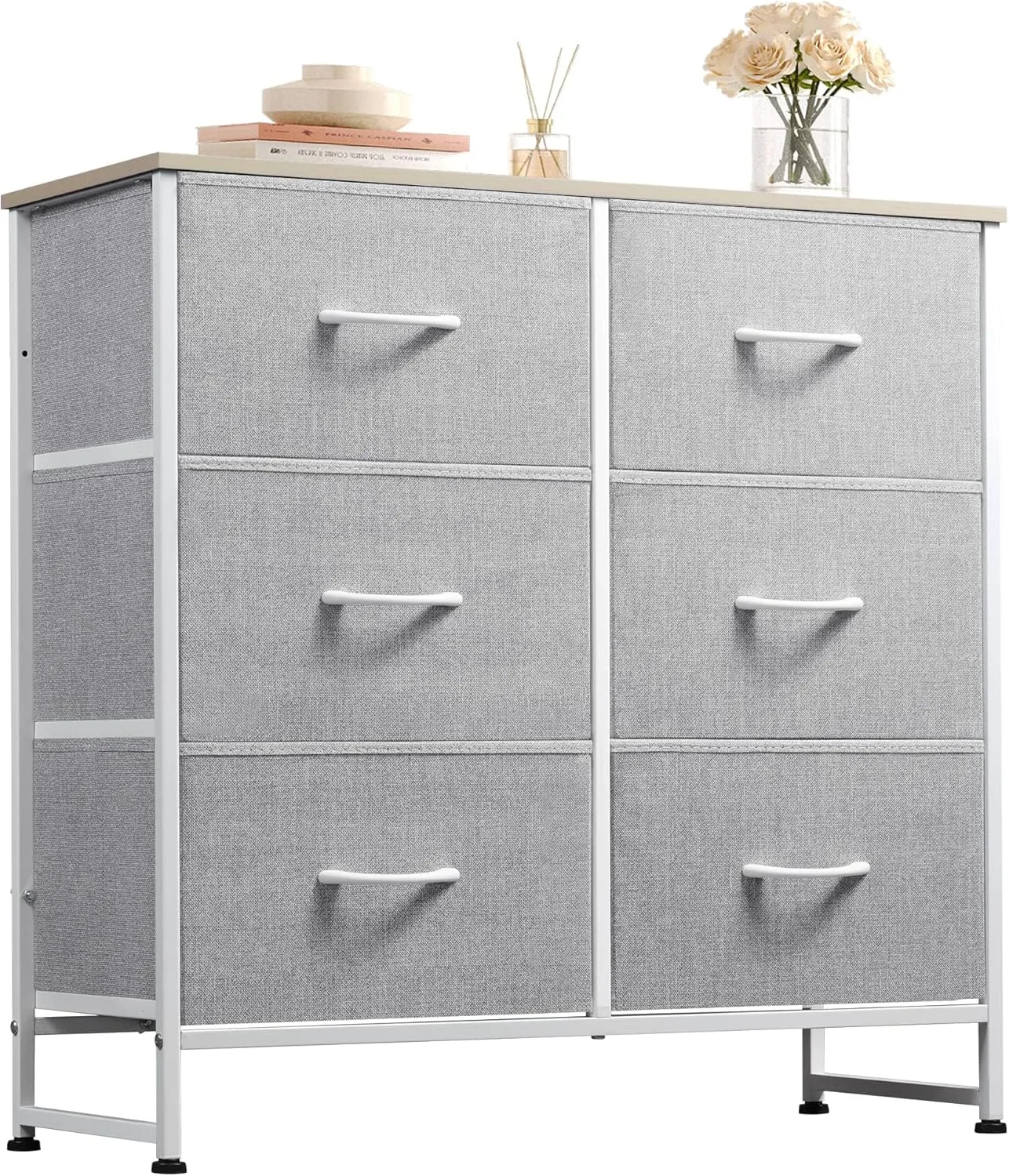 WLIVE Fabric Dresser for Bedroom, 6 Drawer Double Dresser, Storage Tower with Fabric Bins, Chest of Drawers for Closet, Living Room, Hallway, Light Grey