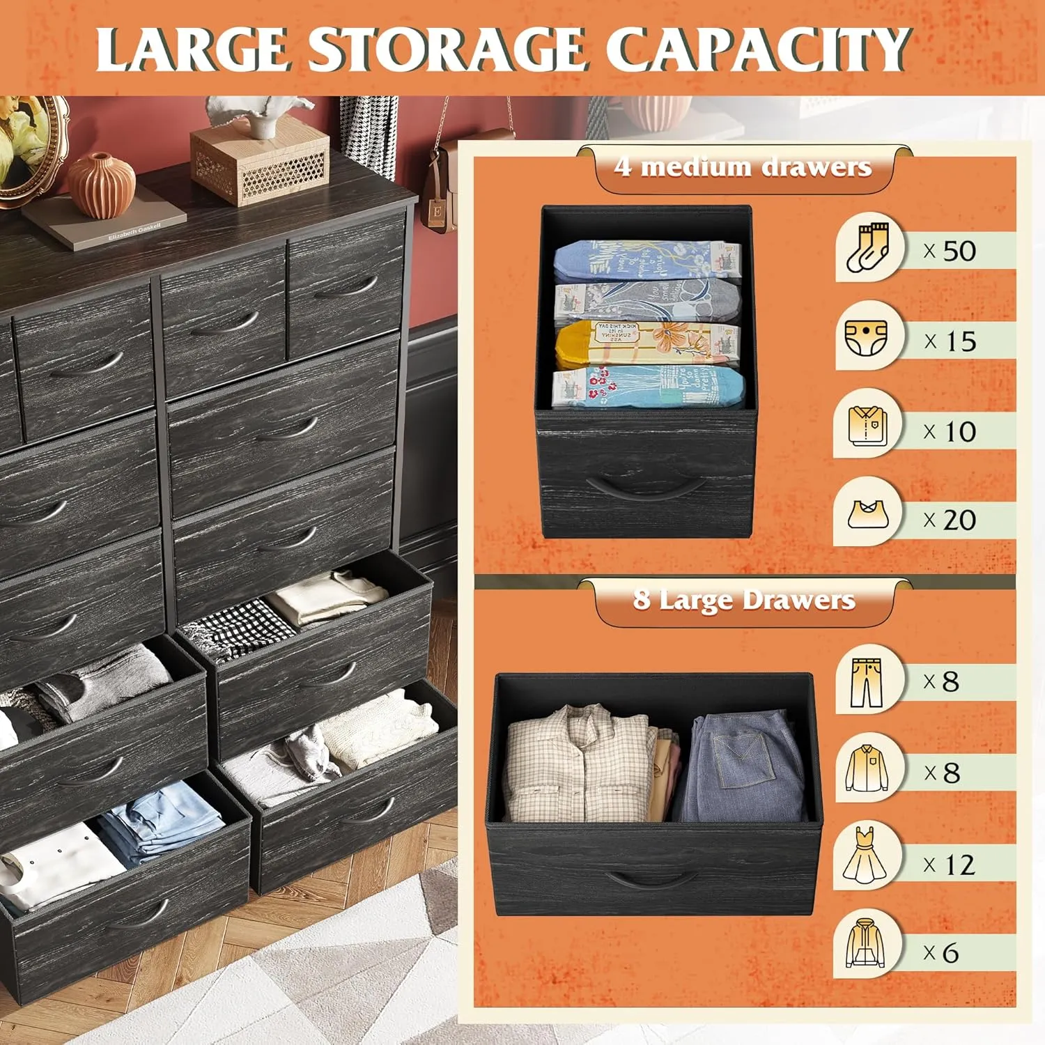 WLIVE Tall Dresser for Bedroom with 12 Drawers, Dressers & Chests of Drawers, Fabric Dresser for Bedroom, Closet, Fabric Storage Dressers with Storage Drawers, Wood Top, Charcoal Black